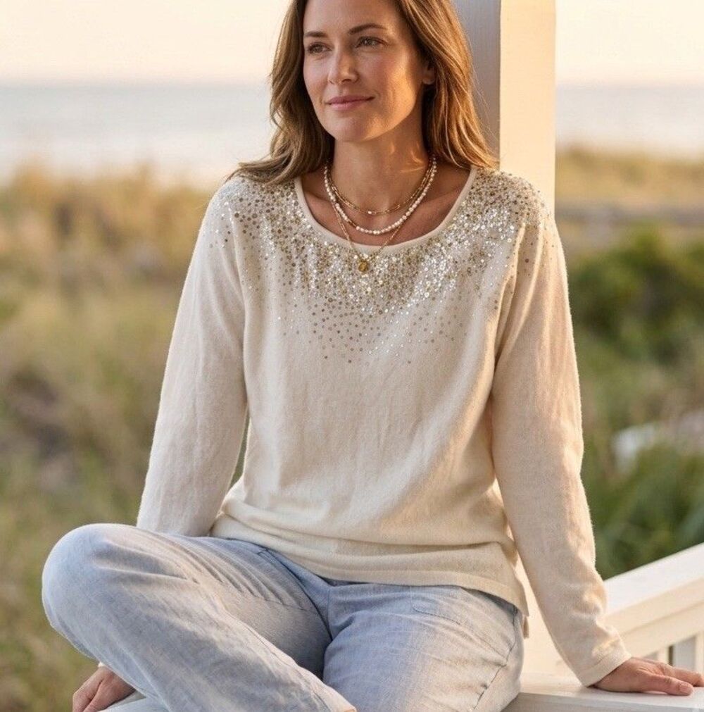 Tommy Bahama Silver Vista Cashmere Blend Sequin Top L Creme White Lambswool Knit